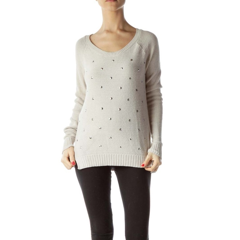 Rock & Republic Cream Embellished Knit Sweater